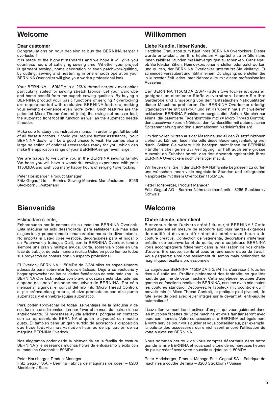 BERNINA 1150 Overlocker Sewing Machine Instruction Manual - WIRE BOUND - COVERS