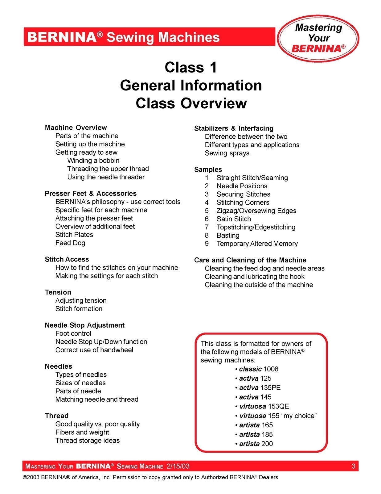 BERNINA Sewing Mastery Workbook Virtuosa Activa Artista 125-145 130-163 165-200