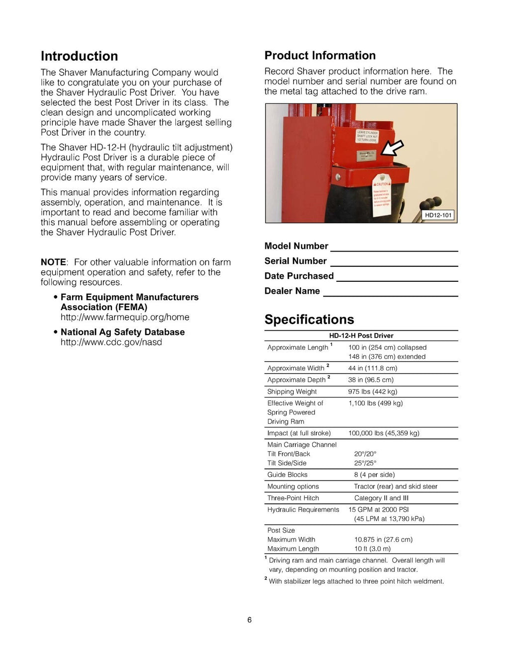 SHAVER HD-12 HD-12-H Hydraulic Post Driver Operators Manual - WIRE BOUND- COVERS