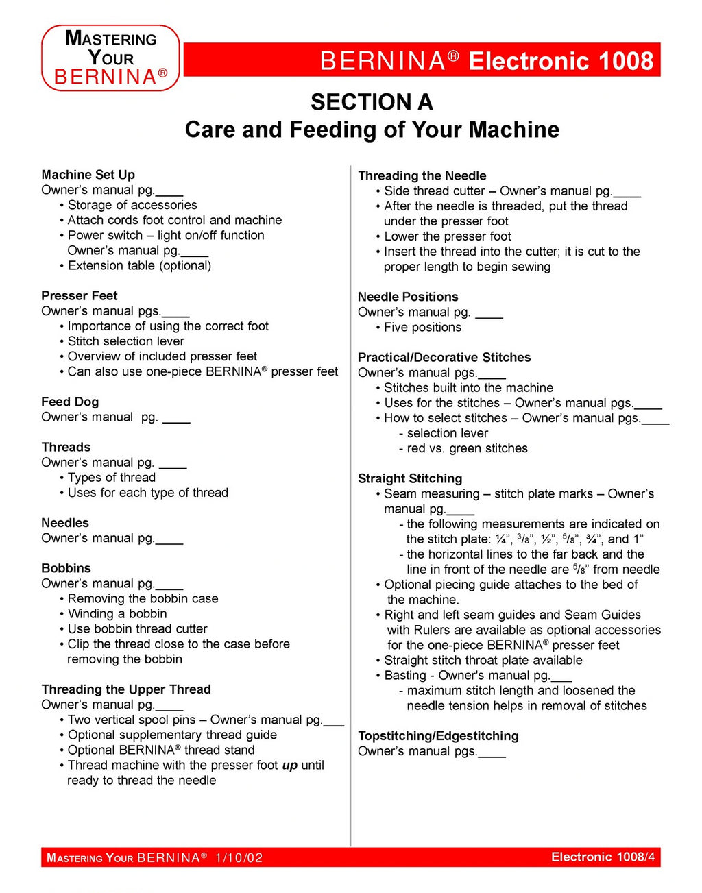 BERNINA 1008 Mastery Owners Workbook Manual - WIRE BOUND - TOUGH COVERS