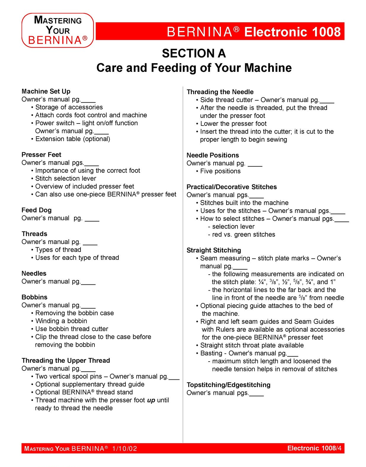 BERNINA 1008 Mastery Owners Workbook Manual - WIRE BOUND - TOUGH COVERS