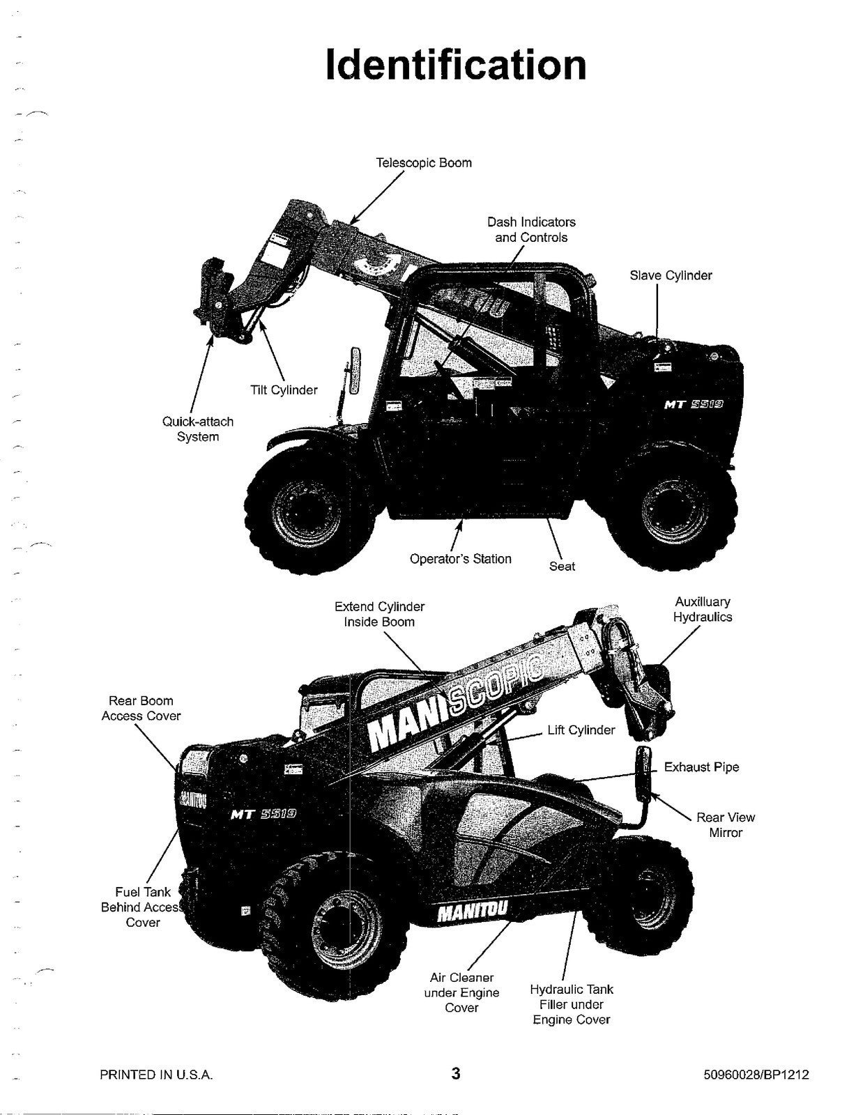 MANITOU MT5519 Telescopic Handler Operator Service Manual - WIRE BOUND - COVERS