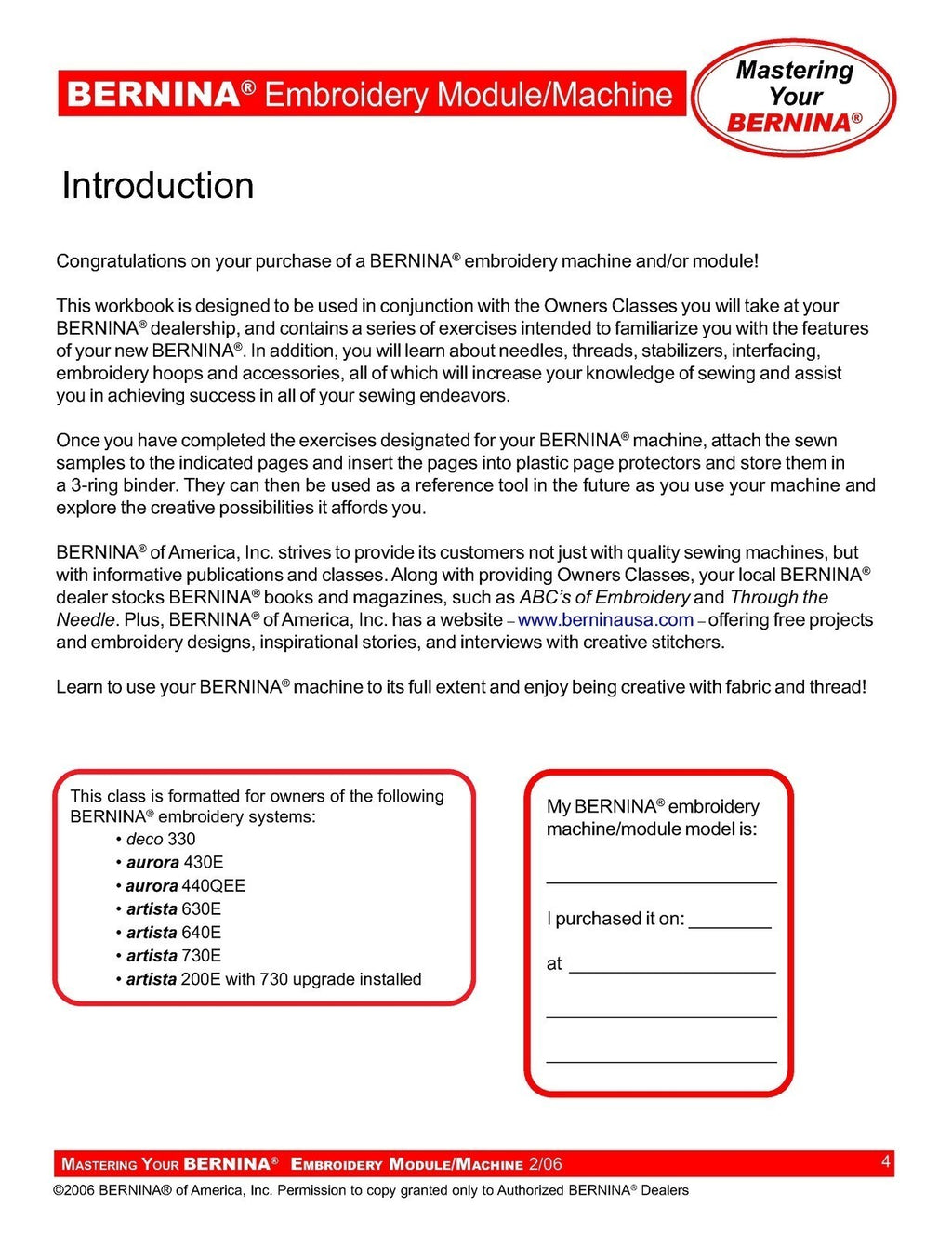 BERNINA Embroidery Mastery Workbook Aurora 430 440 Artista 630 640 730 Deco 330