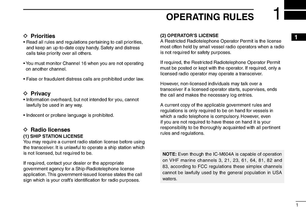 ICOM IC-M604A MARINE TRANSCEIVER INSTRUCTION MANUAL - STEEL WIRE BOUND - COVERS