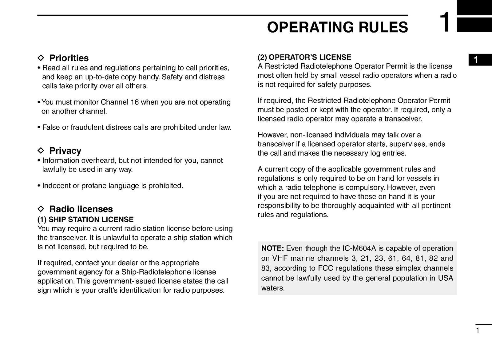 ICOM IC-M604A MARINE TRANSCEIVER INSTRUCTION MANUAL - STEEL WIRE BOUND - COVERS