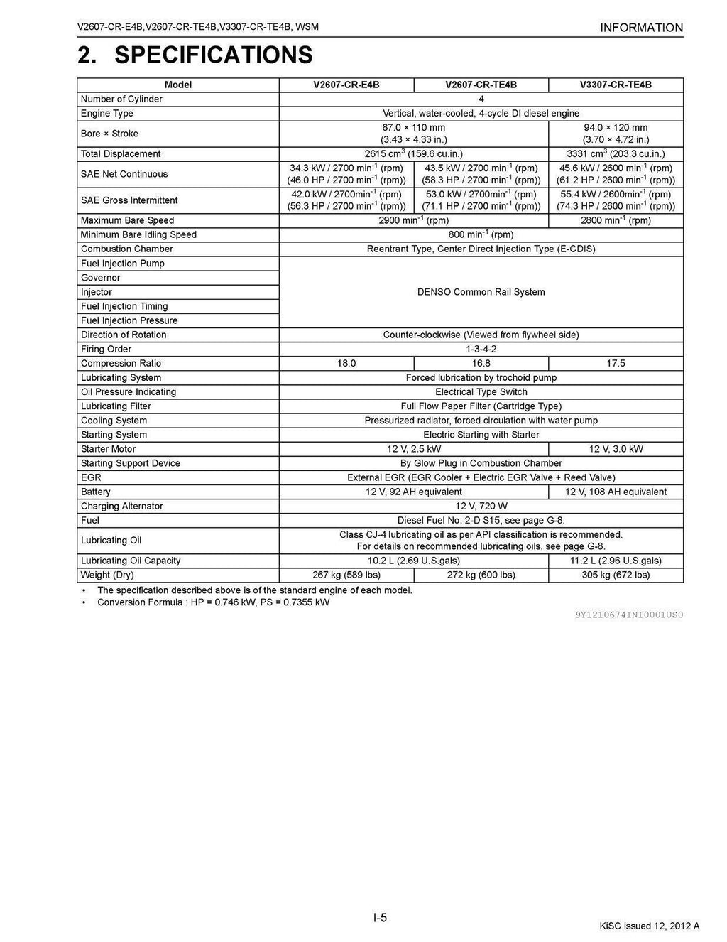 KUBOTA DIESEL ENGINE V2607-CR-E4-B V2607-CR-TE4B V3307 WORKSHOP MANUAL WSM
