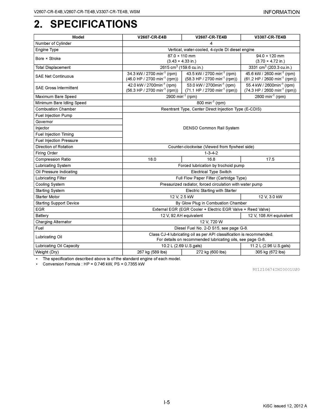 KUBOTA DIESEL ENGINE V2607-CR-E4-B V2607-CR-TE4B V3307 WORKSHOP MANUAL WSM