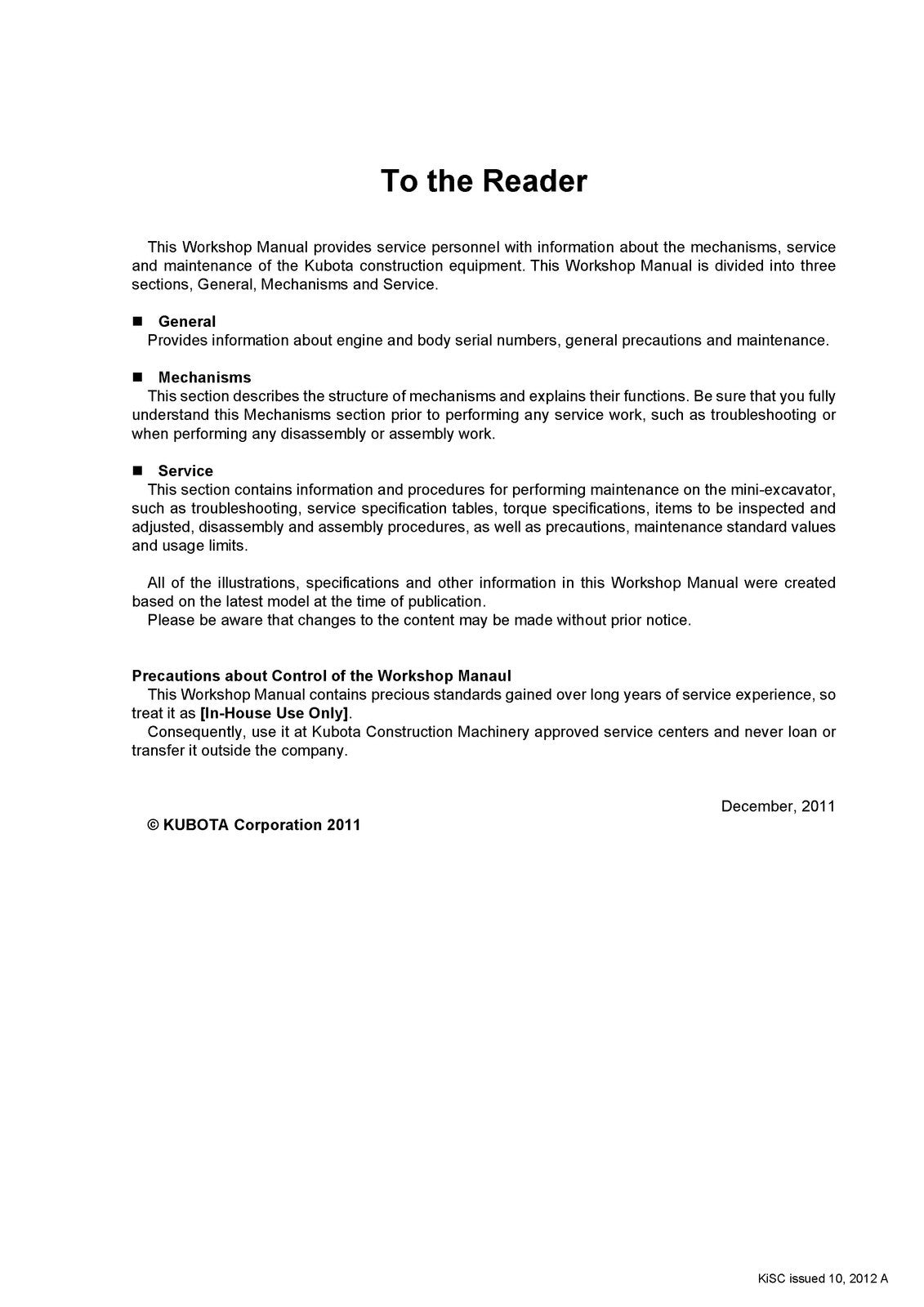 KUBOTA U-30-5 EXCAVATOR WORKSHOP MANUAL - STEEL WIRE BOUND - PROTECTIVE COVERS