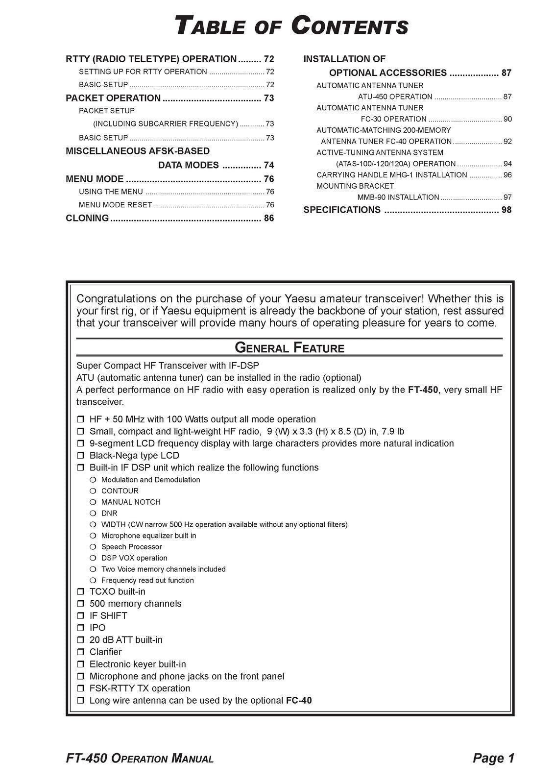 YAESU FT-450 Transceiver Operation Manual Operation Guide - TOUGH WIRE BINDING