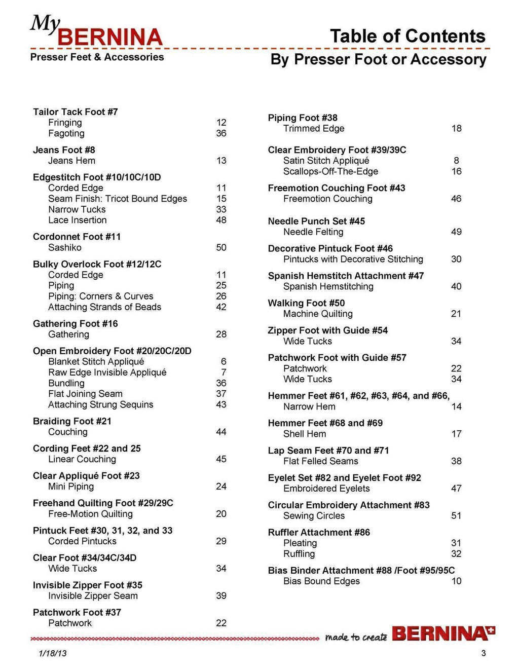 BERNINA Presser Feet & Accessories WORKBOOK The Key to Great Technique Manual