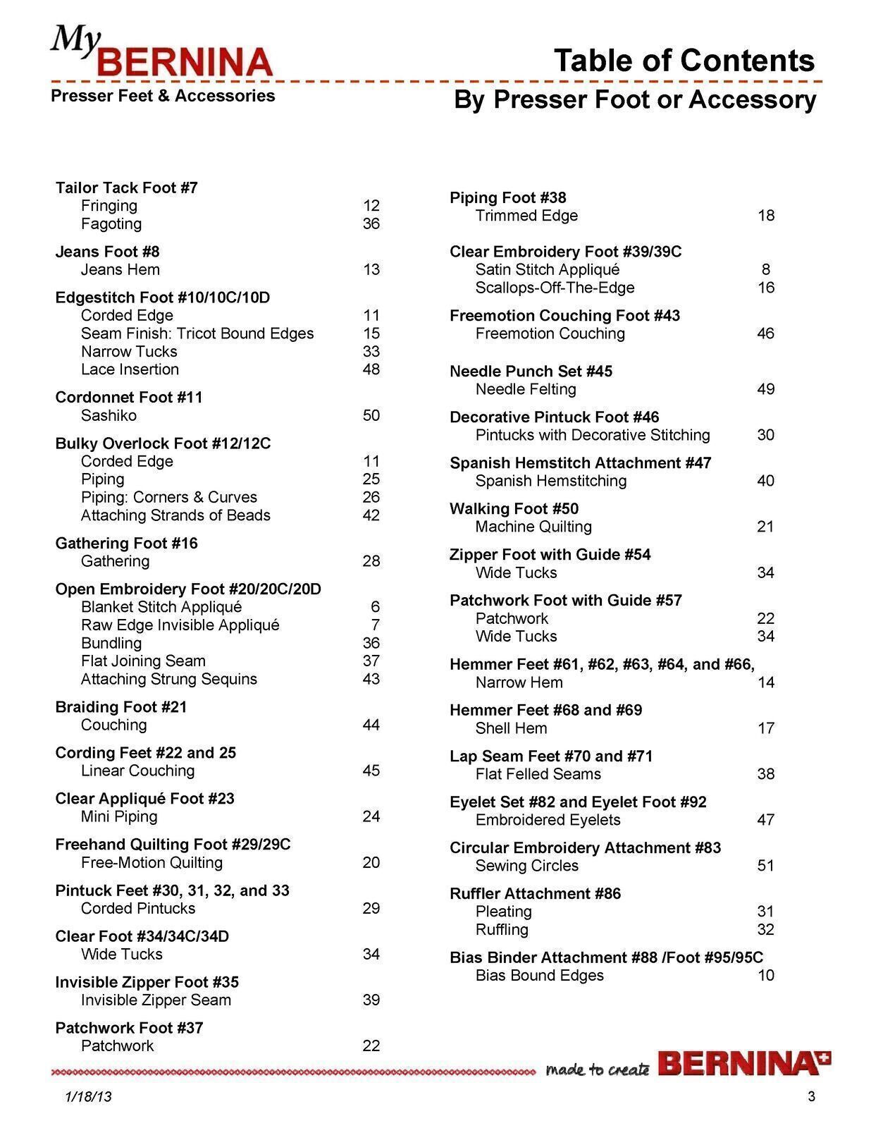 BERNINA Presser Feet & Accessories WORKBOOK The Key to Great Technique Manual