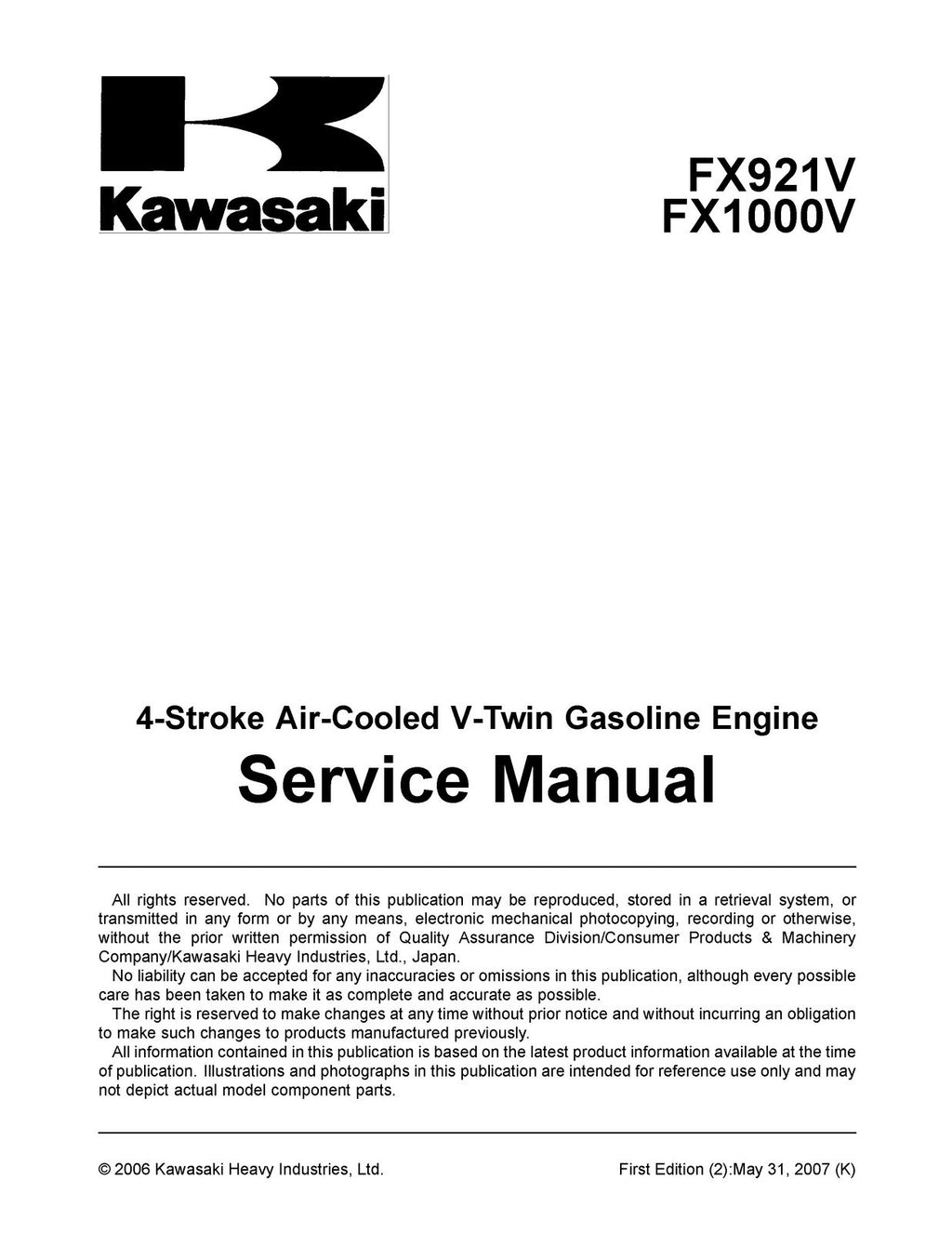 KAWASAKI FX921V FX1000V GAS ENGINE SERVICE MANUAL - WIRE BOUND - TOUGH COVERS