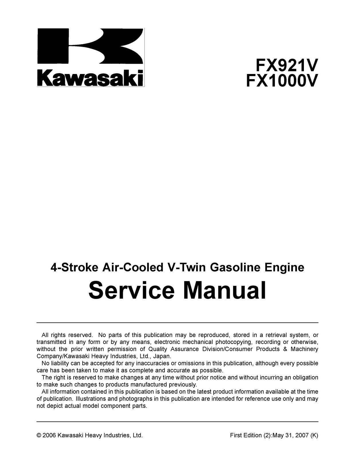 KAWASAKI FX921V FX1000V GAS ENGINE SERVICE MANUAL - WIRE BOUND - TOUGH COVERS