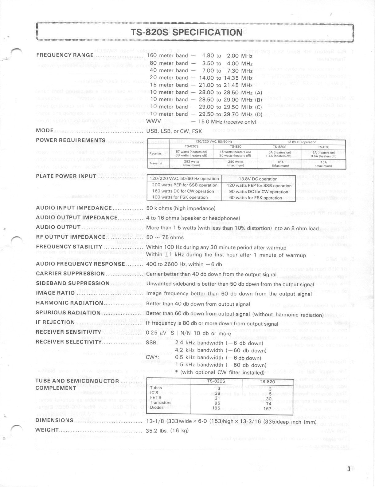 KENWOOD TS-820S Transceiver Manual - WIRE BINDING - TOUGH COVERS - XL FOLDOUT!