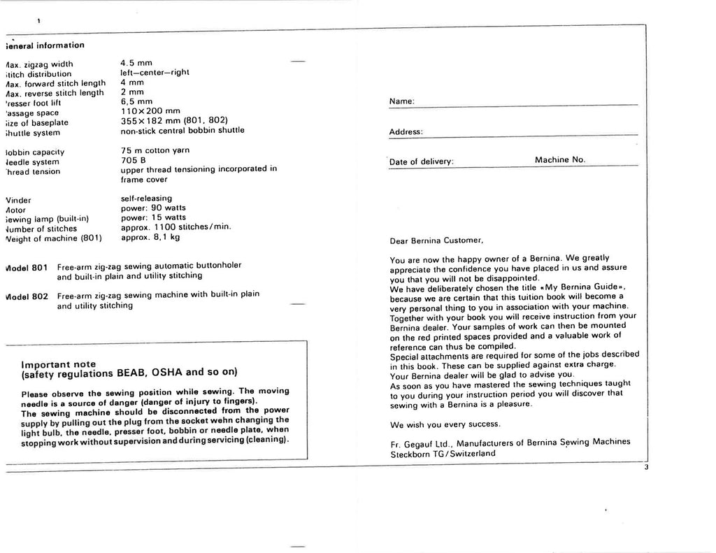 BERNINA 801 802 811 812 Sewing Machine Instruction Manual - WIRE BOUND - COVERS