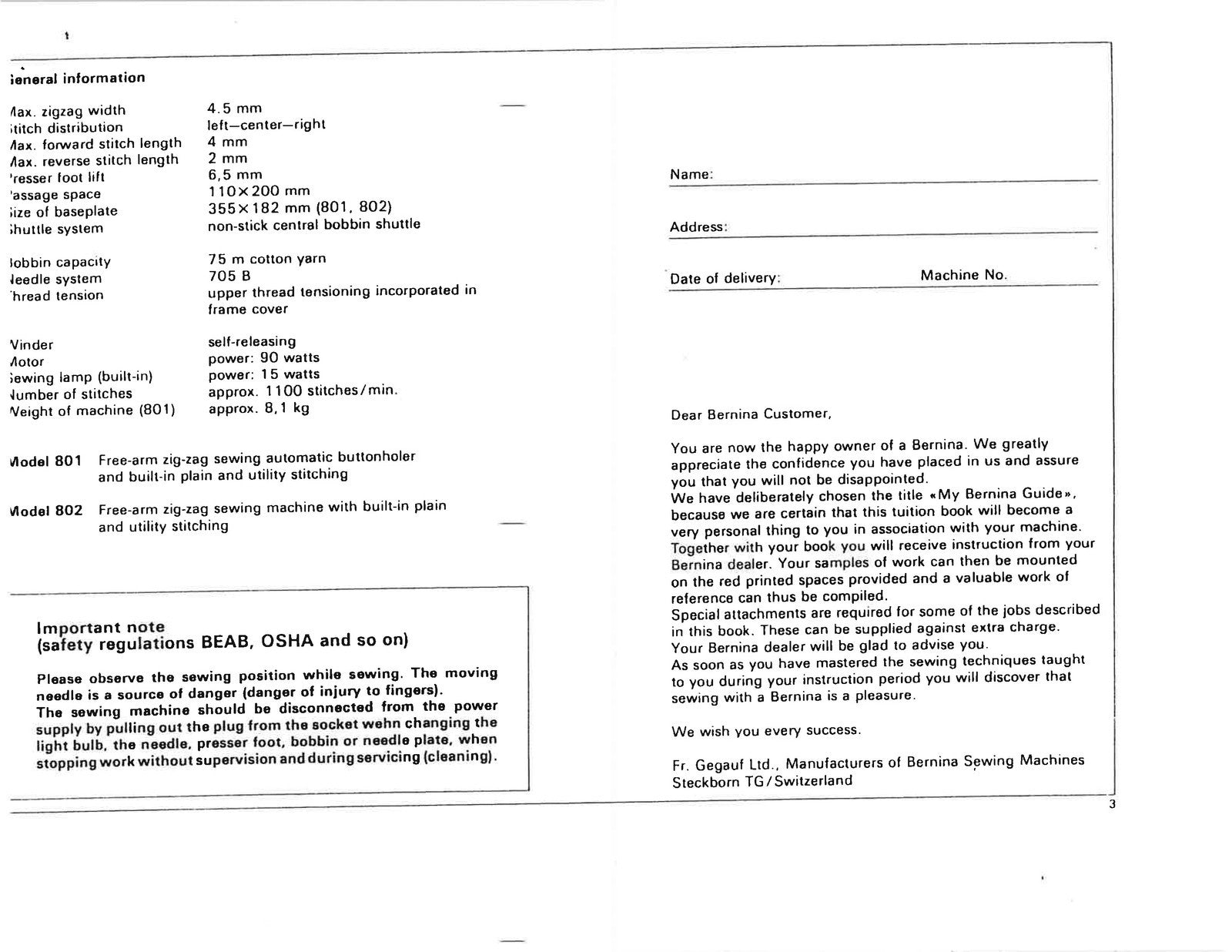 BERNINA 801 802 811 812 Sewing Machine Instruction Manual - WIRE BOUND - COVERS