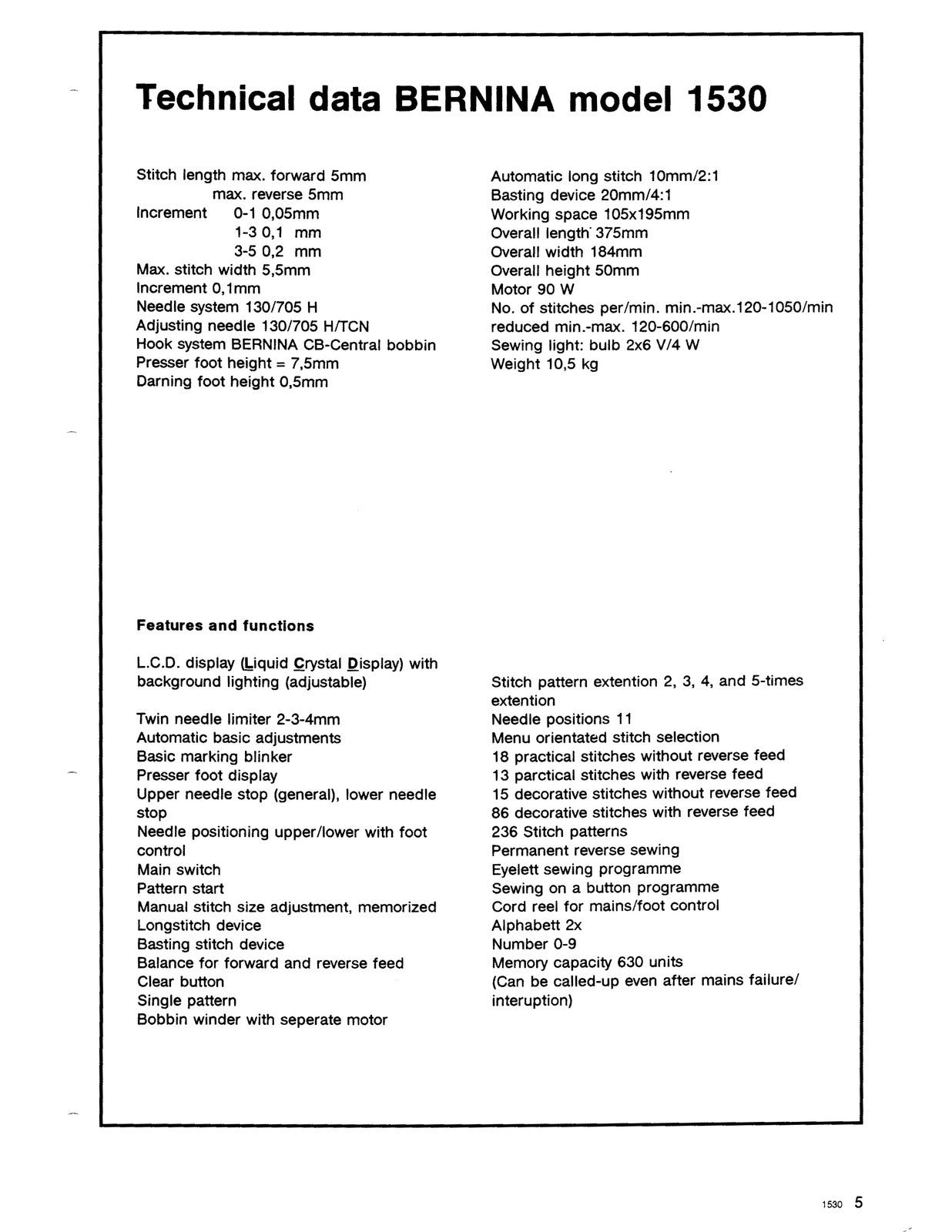 BERNINA 1530 SERVICE Manual (NOT User Manual) - STEEL WIRE BOUND - TOUGH COVERS