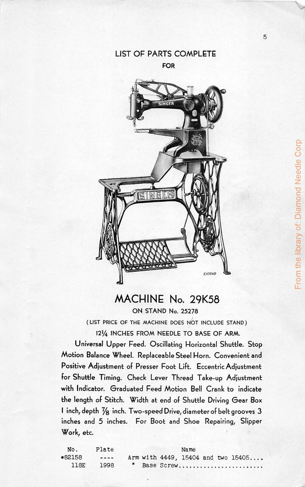 SINGER 29K58 29K60 29K62 Illustrated Parts List Manual 1934 - WIRE BOUND