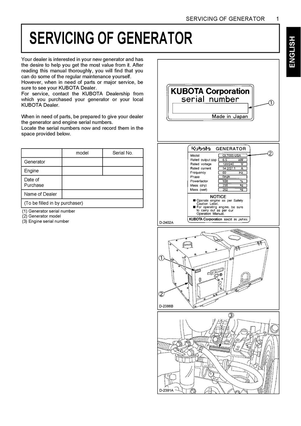 KUBOTA DIESEL GENERATOR GL6000-STD GL7000-USA 9000 11000 OPERATORS MANUAL, BOUND