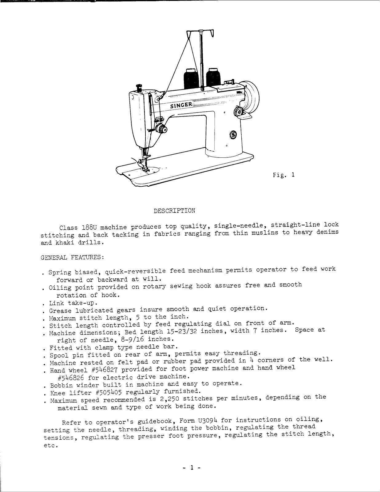 SINGER 188U31-33-35 Sewing Machine User Manual Guide [DURABLE WIRE BINDING]