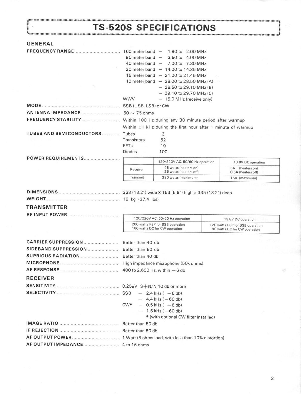 KENWOOD TS-520S TRANCEIVER OPERATING MANUAL - STEEL WIRE BOUND - TOUGH COVERS
