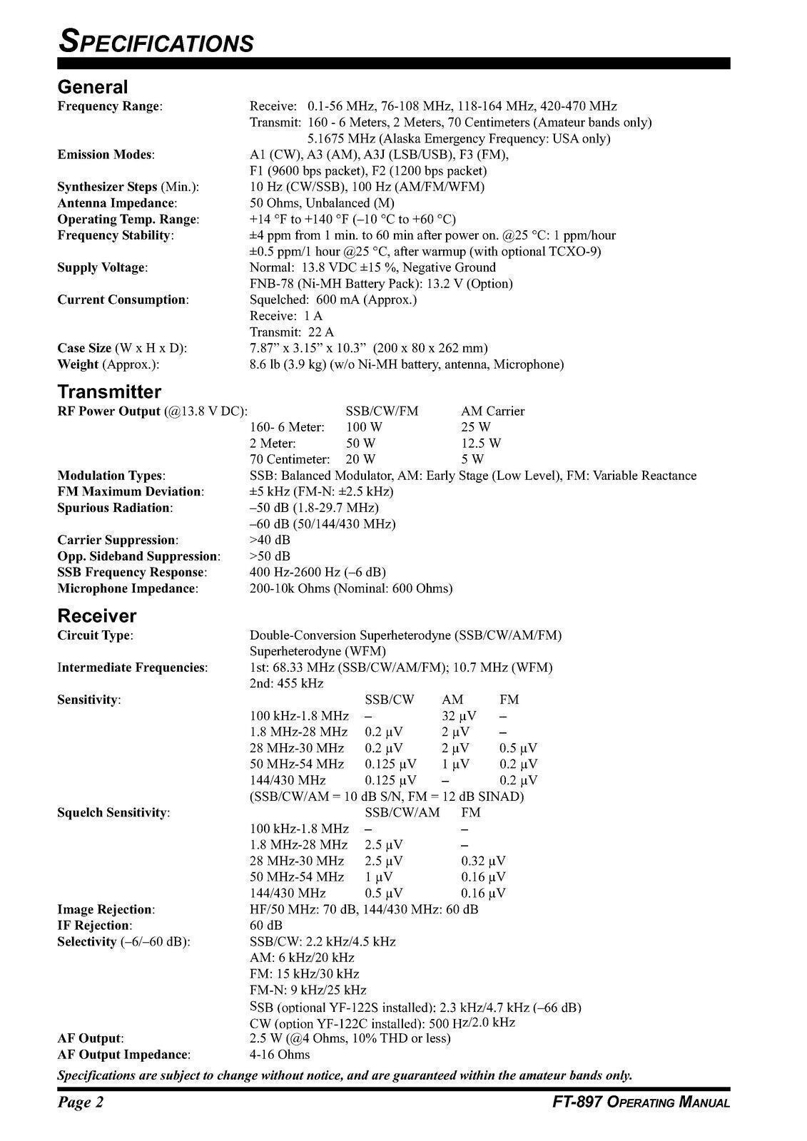 YAESU FT-897 Transceiver User Operating Manual - STEEL WIRE BOUND