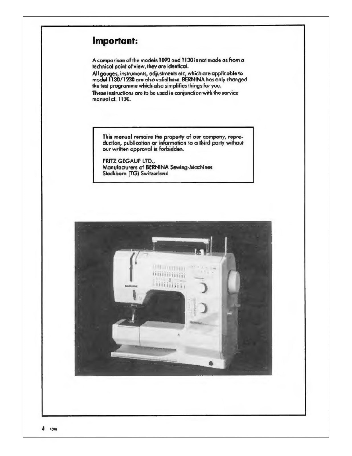 BERNINA 1090 SERVICE Manual (NOT Instruction Manual) - WIRE BOUND - COVERS