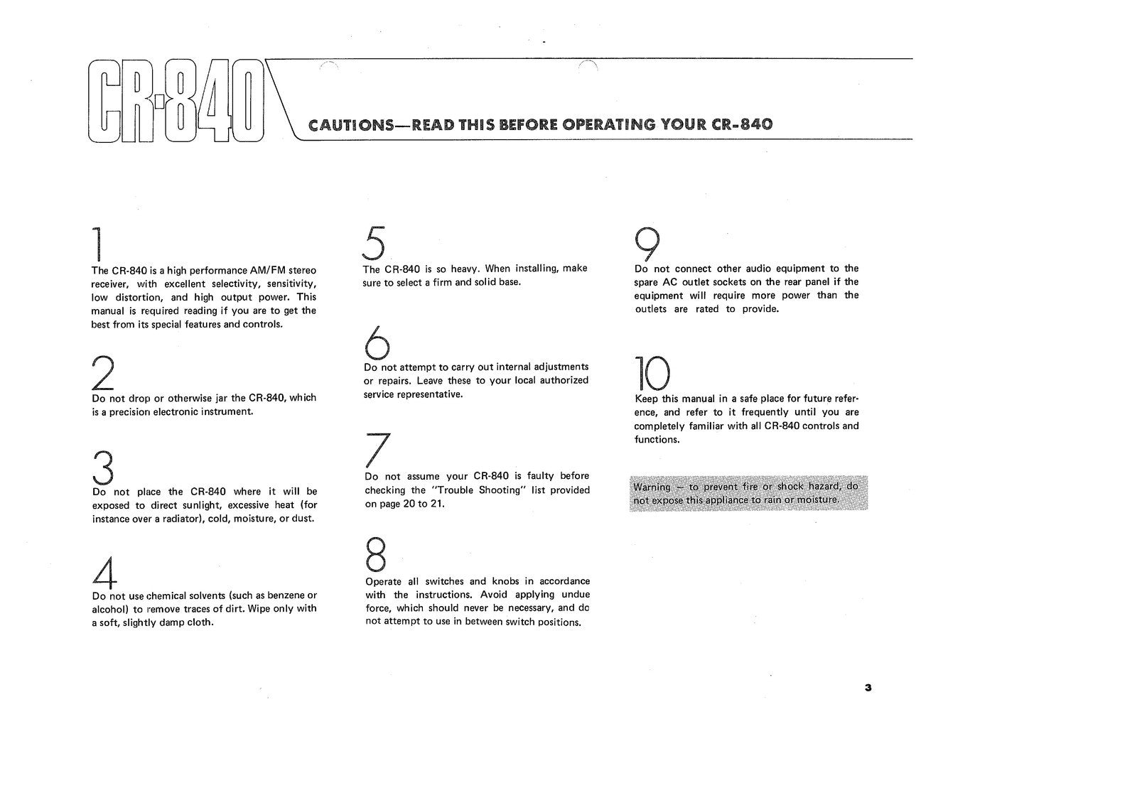 YAMAHA CR-840 OWNERS MANUAL - STEEL WIRE BOUND - PROTECTIVE COVERS