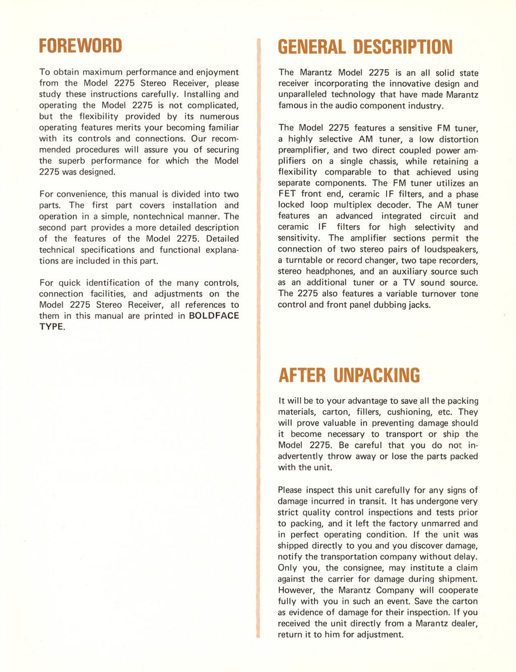 MARANTZ 2275 Stereophonic Receiver Instruction Manual - WIRE BOUND- TOUGH COVERS