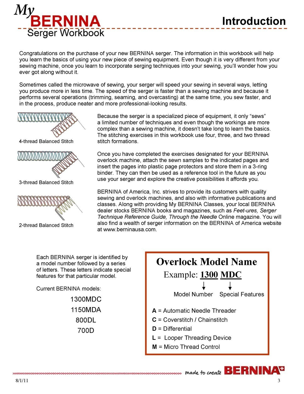 BERNINA Serger Workbook 1 Basic Serger Use - STEEL WIRE BOUND - TOUGH COVERS