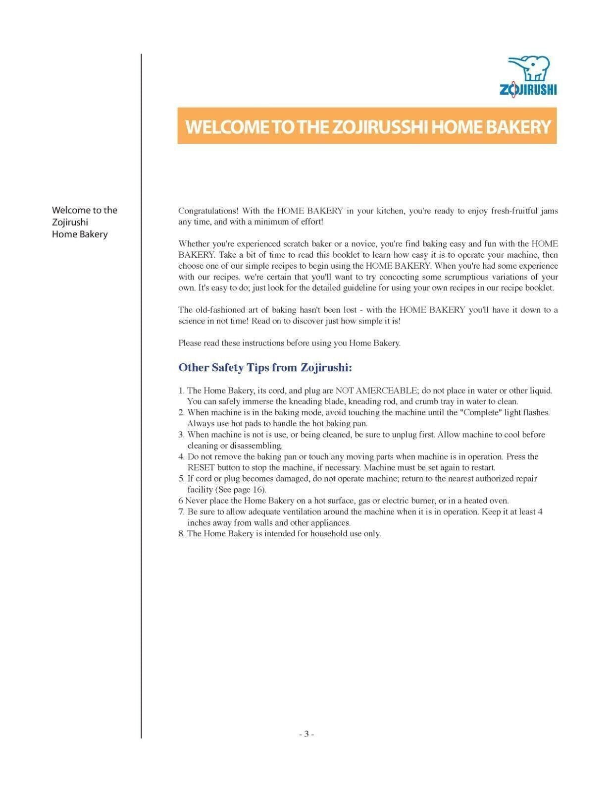 ZOJIRUSHI BBCC-S15 User Manual Owners Instruction Booklet + Lots of Recipes!