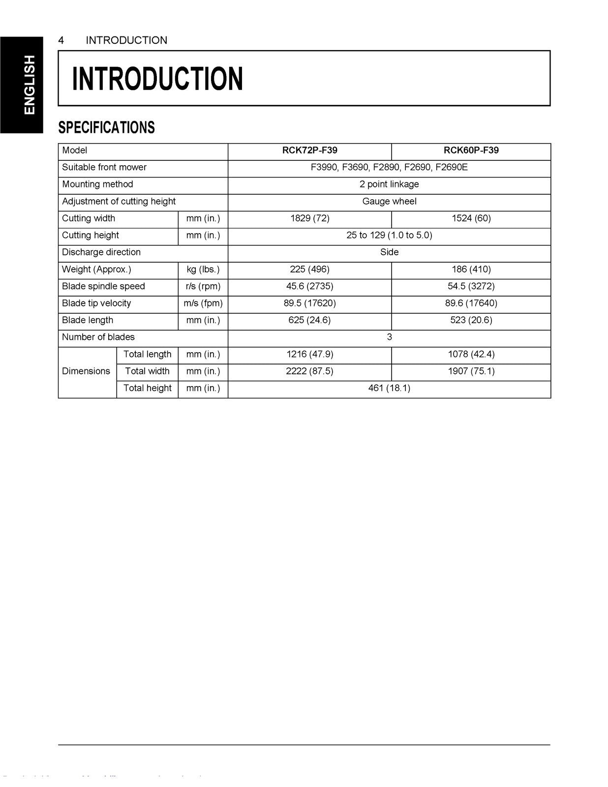 KUBOTA RCK72P-F39 RCK60P-F39 MOWER OPERATORS MANUAL - WIRE BOUND TOUGH COVERS