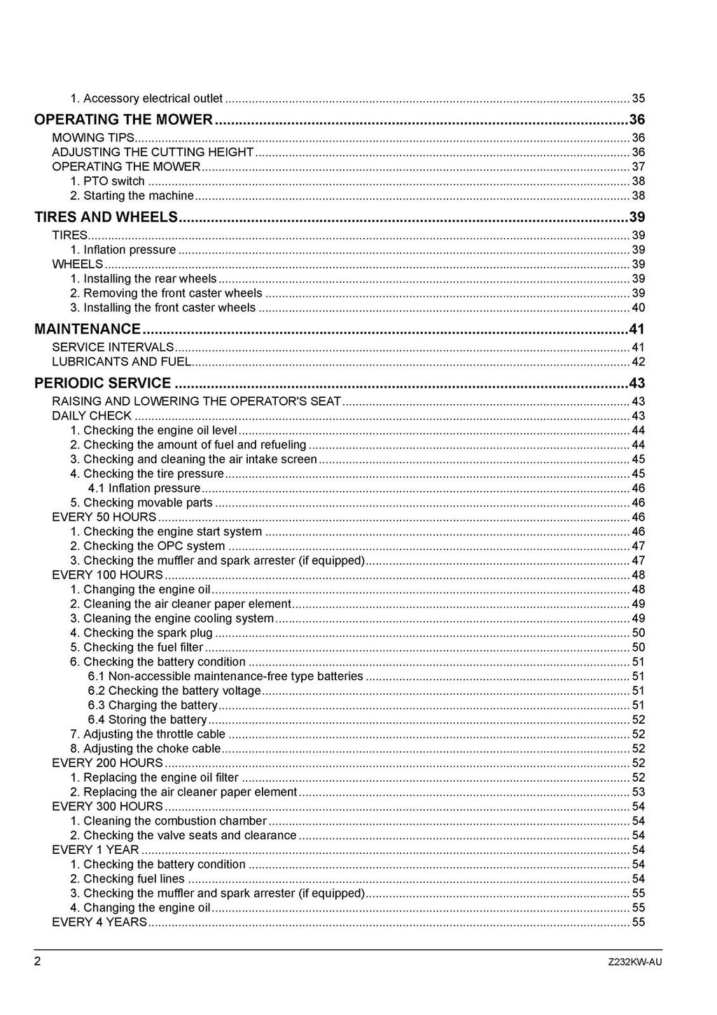 KUBOTA Z232KW-AU ZERO TURN MOWER OPERATORS MANUAL - WIRE BOUND - TOUGH COVERS