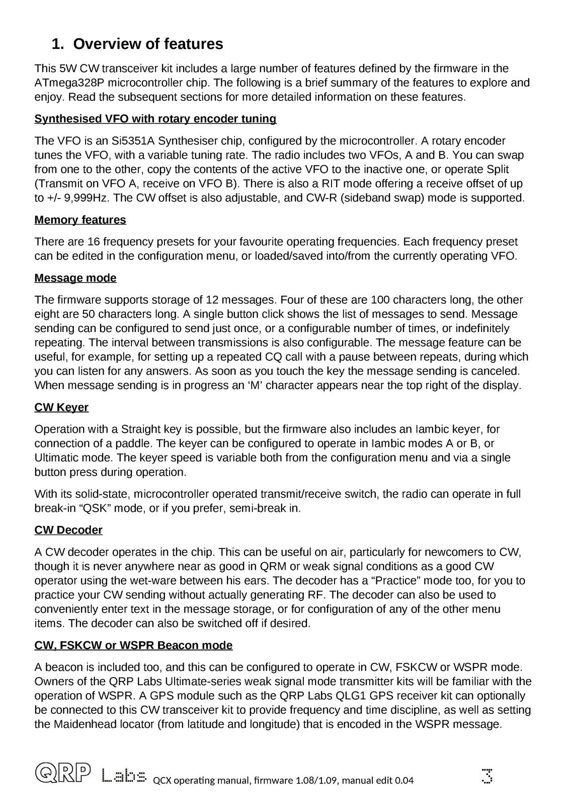 QRP LABS QCX QCX-mini CW Transceiver Operating Manual - WIRE BOUND - COVERS