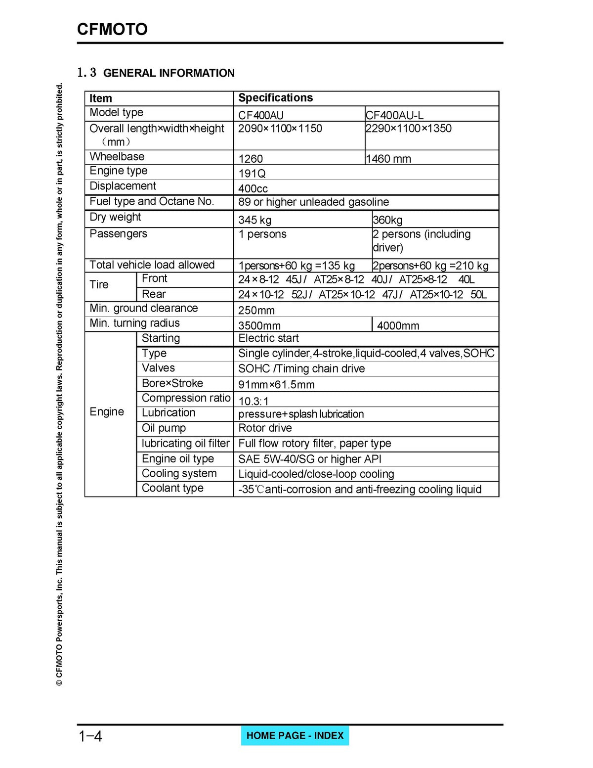 CFMOTO CForce 400 CF400AU Service Manual 2021 - STEEL WIRE BOUND - TOUGH COVERS