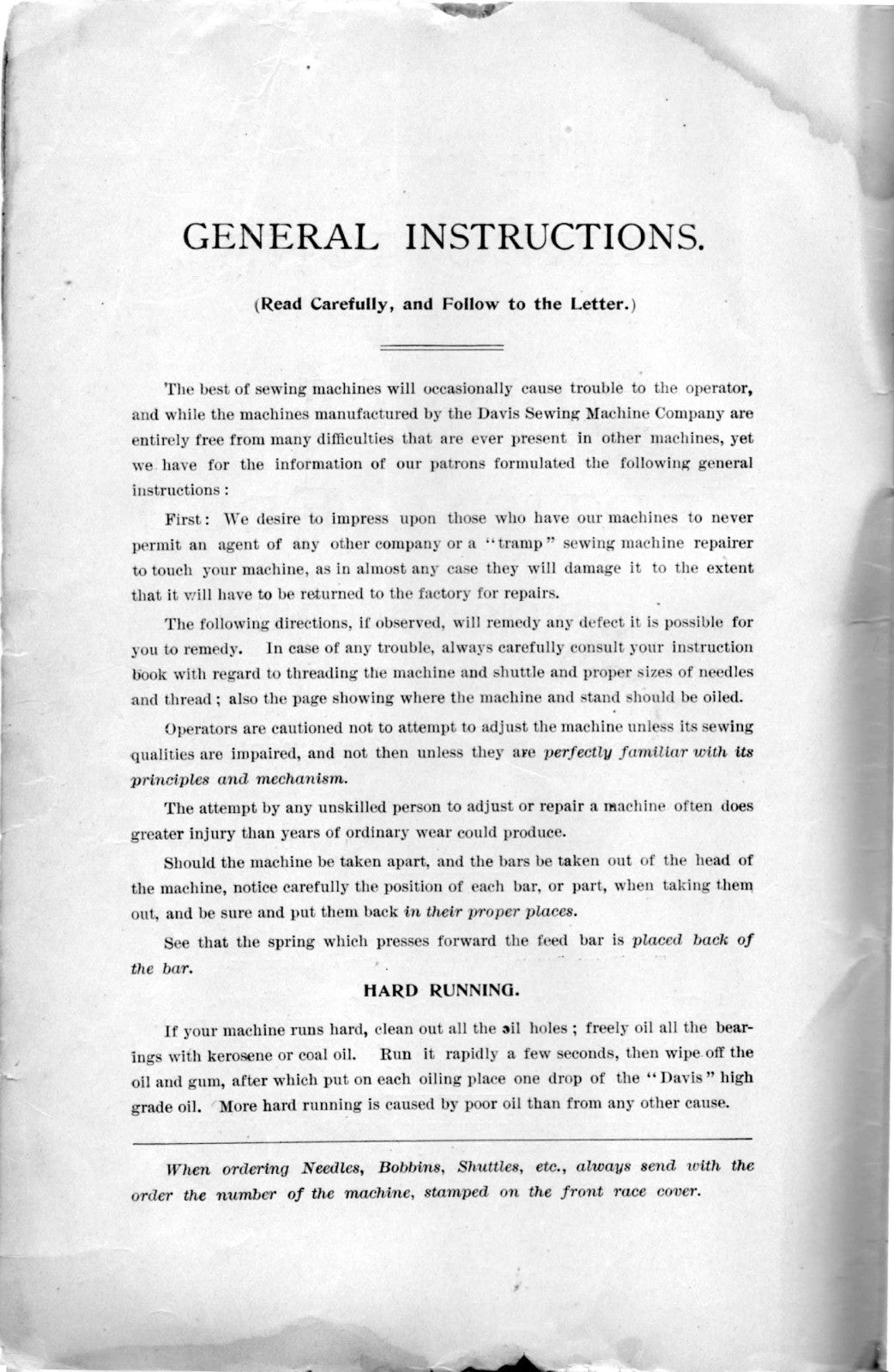 DAVIS Vertical Feed Sewing Machine Instruction Manual - WIRE BOUND - COVERS
