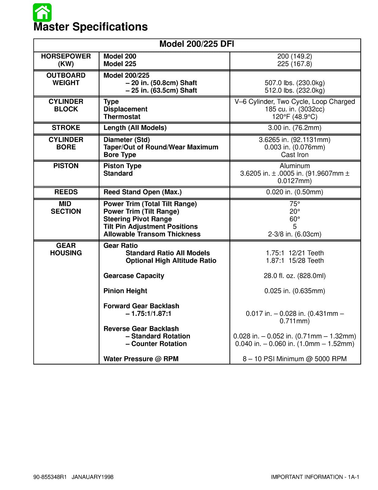 MERCURY MARINER OUTBOARD 200-225-OPTIMAX DFI SERVICE MANUAL 1998-1988 - BOUND