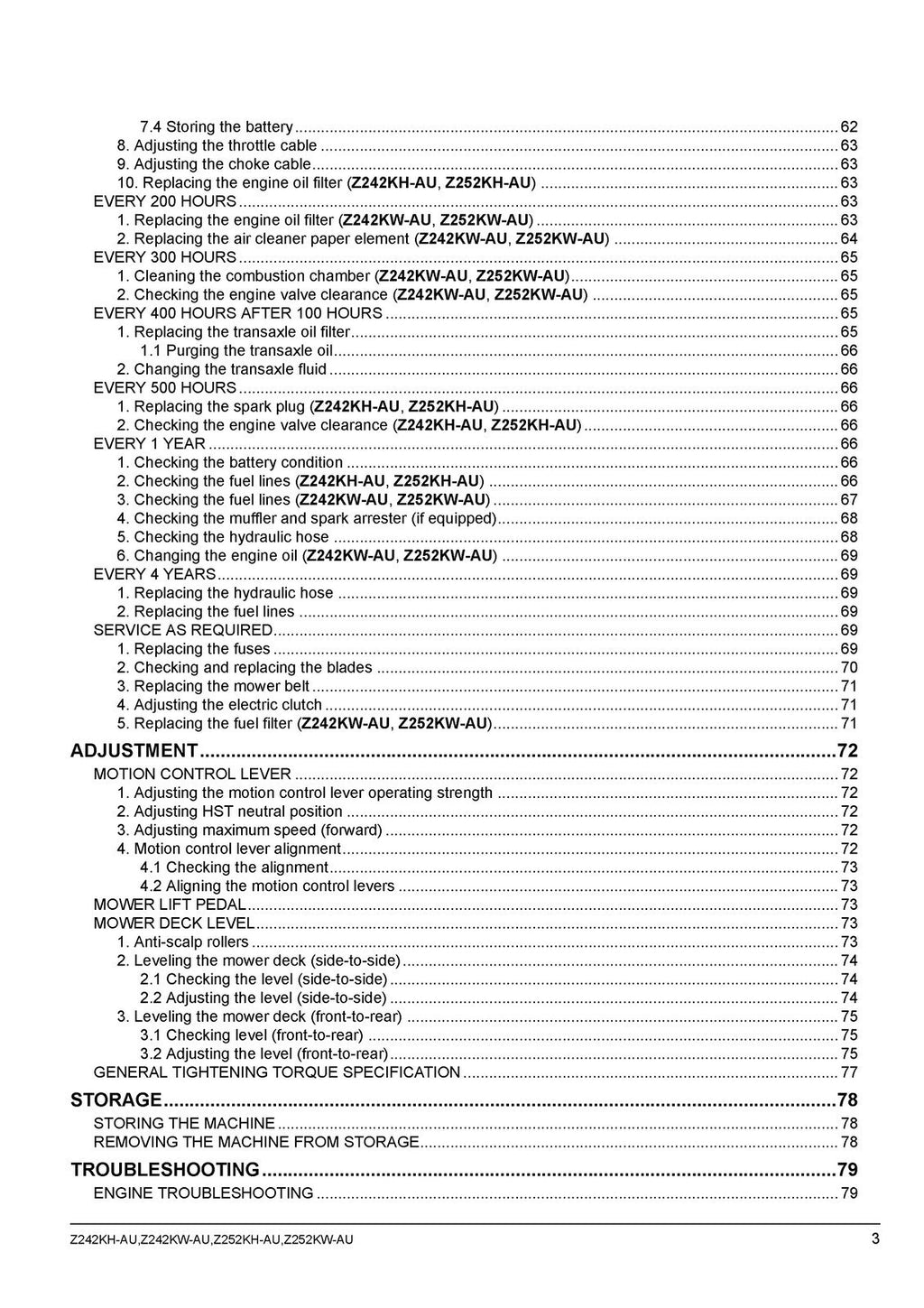 KUBOTA Z242KH-AU Z242KW-AU Z252KH-AU ZERO TURN MOWER OPERATORS MANUAL - BOUND