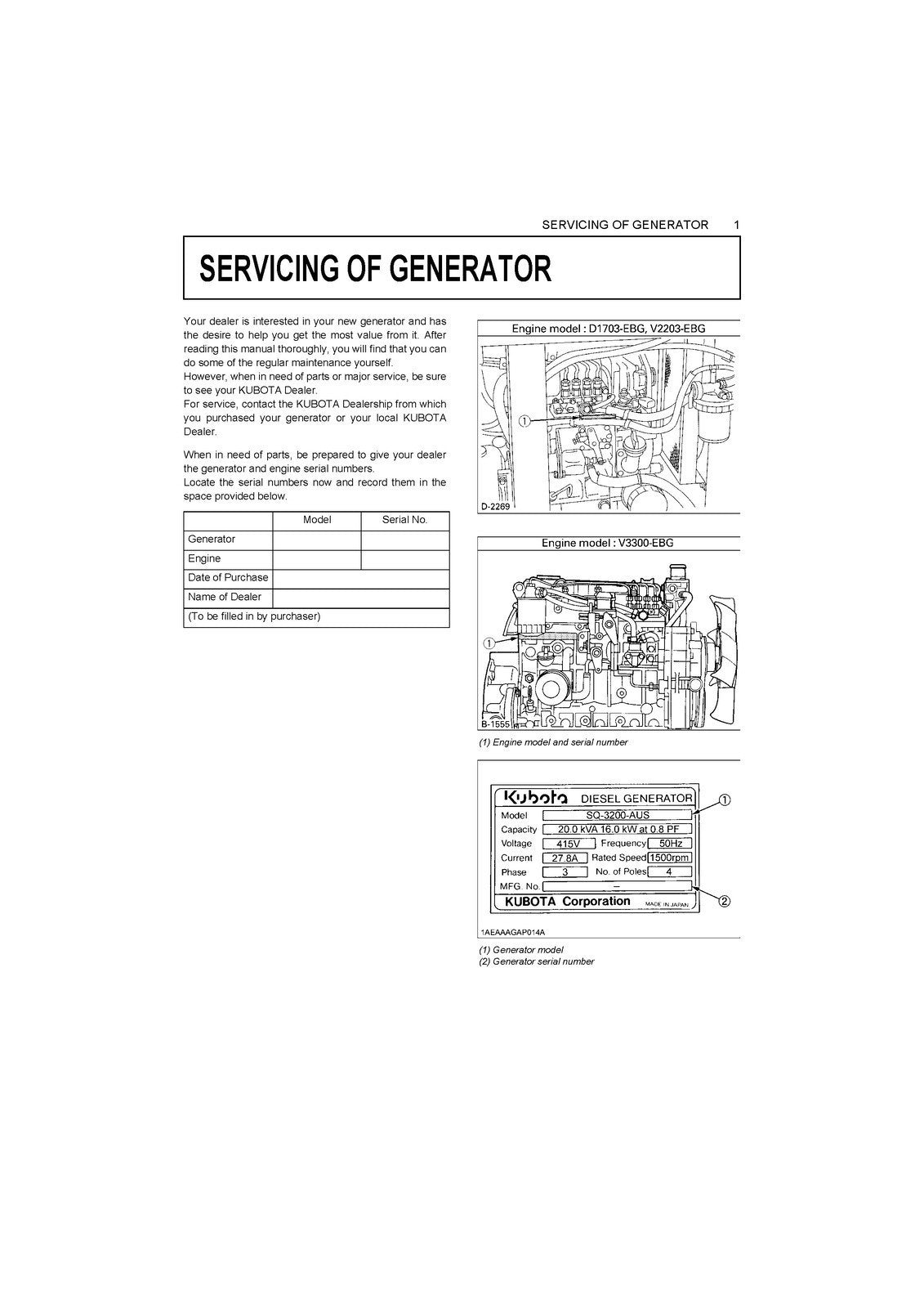 KUBOTA SQ-1120 SQ-1150 SQ-3140 SQ-3200 SQ-3300 DIESEL GENERATOR OPERATORS MANUAL