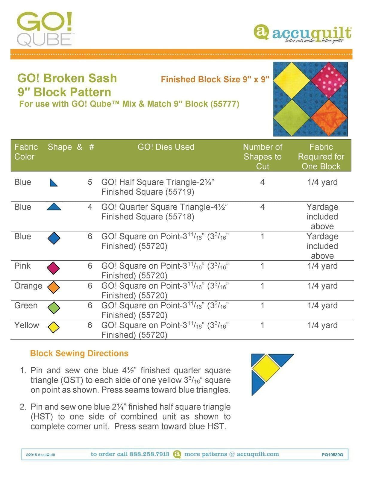 AccuQuilt Go! Qube Manual 9" 3-in-1: BLOCK, CORNERS & ANGLES, 434 PG, Wire Bound
