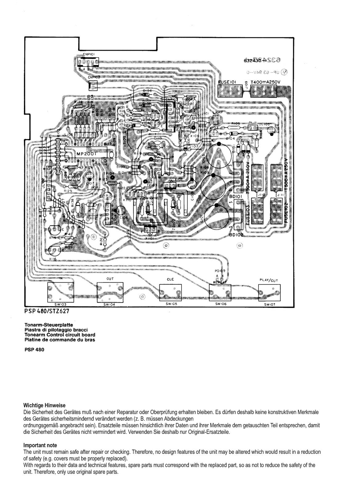 SABA PSP480 Turntable Service Manual - STEEL WIRE BOUND - PROTECTIVE COVERS