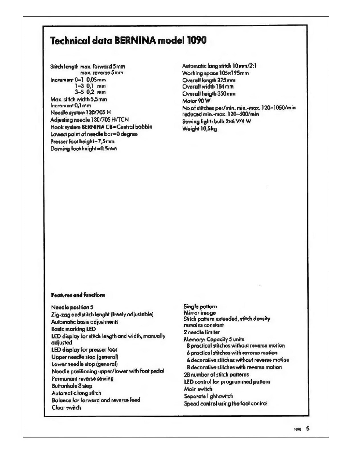 BERNINA 1090 SERVICE Manual (NOT Instruction Manual) - WIRE BOUND - COVERS
