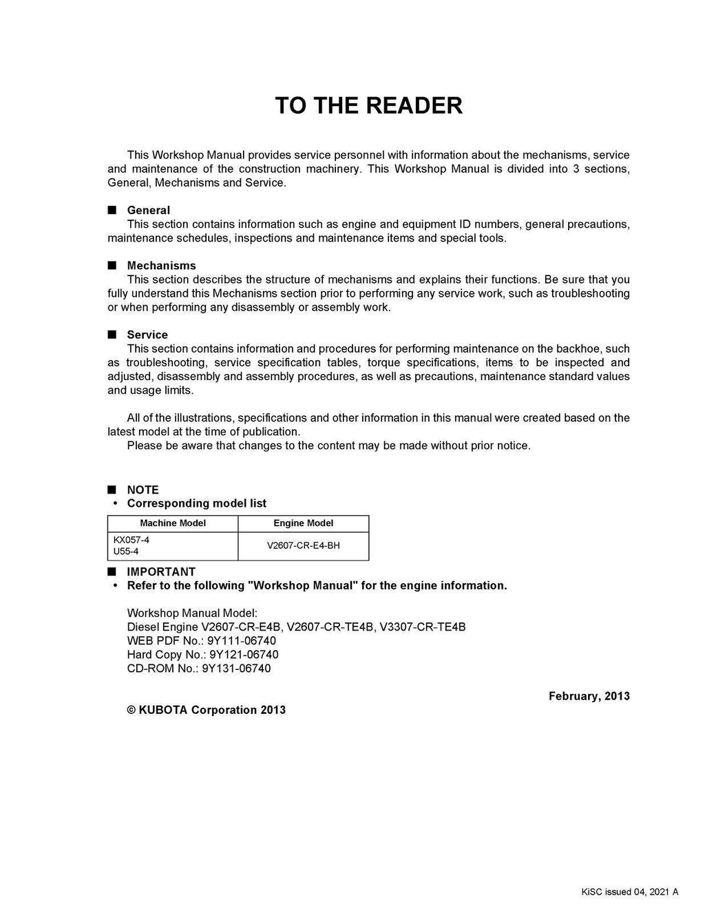 KUBOTA KX057-4 U55-4 EXCAVATOR WORKSHOP MANUAL WSM - STEEL WIRE BOUND - COVERS