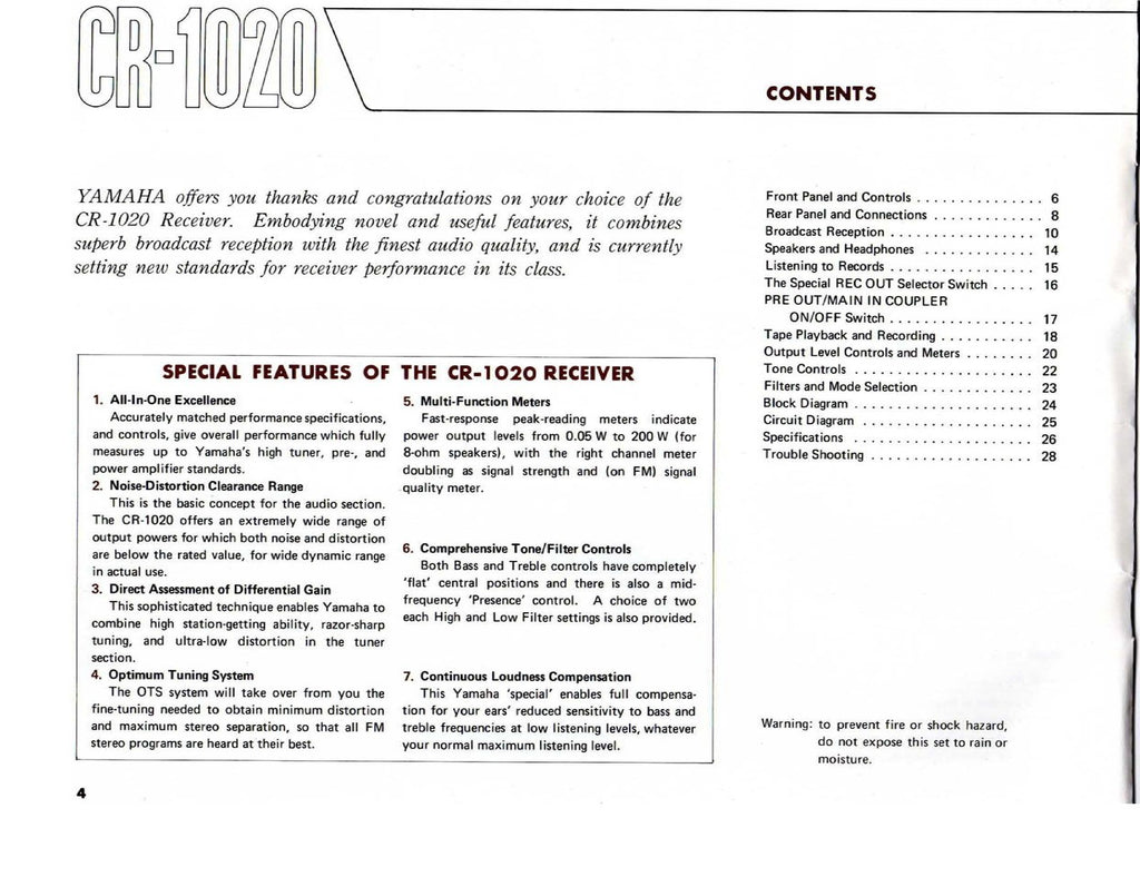 YAMAHA CR1020 Receiver Owners Manual - STEEL WIRE BOUND - PROTECTIVE COVERS
