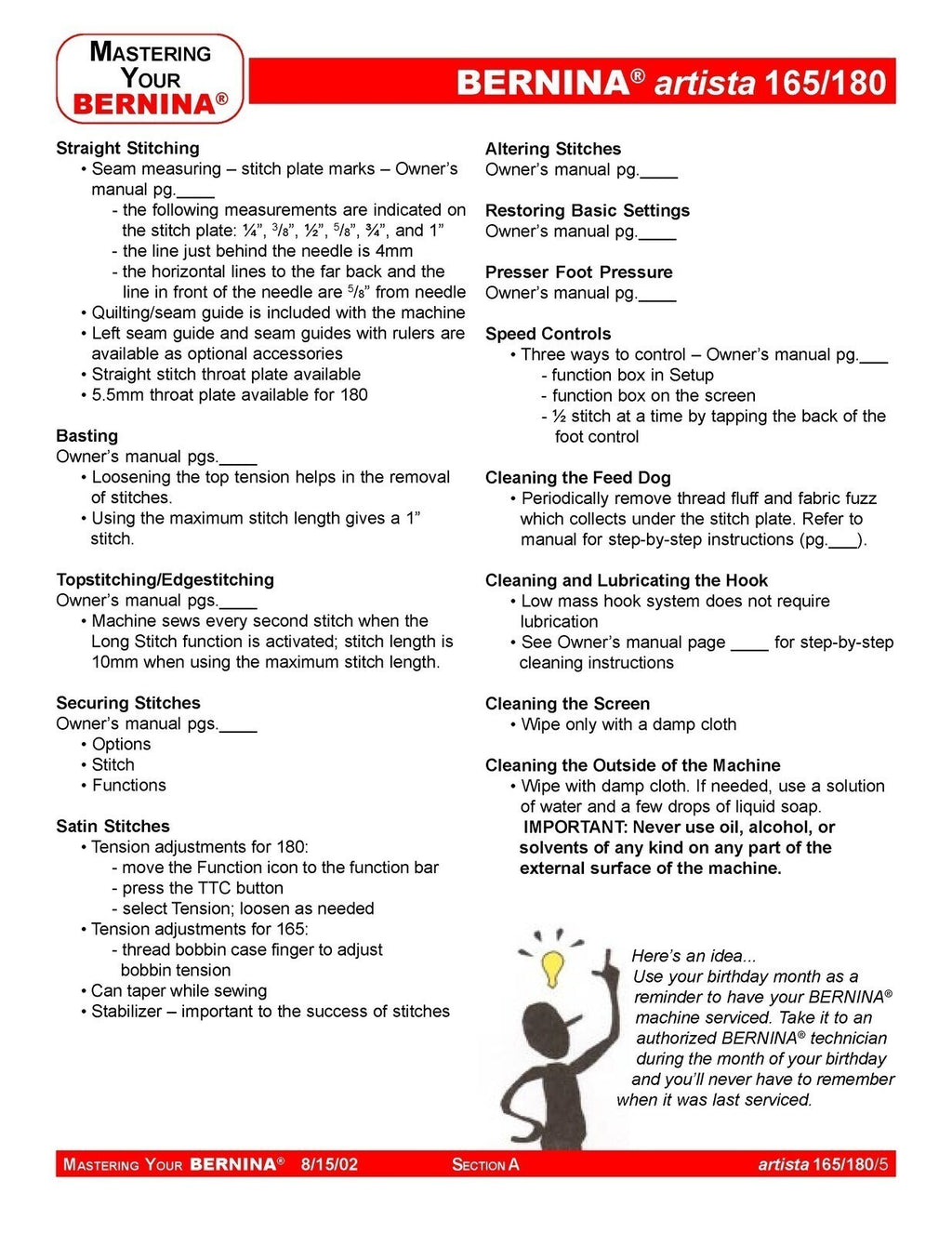 BERNINA Artista 165 180 Mastery Owners Workbook - WIRE BOUND - PROTECTIVE COVERS