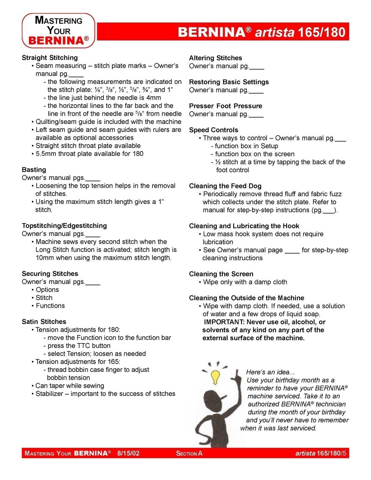 BERNINA Artista 165 180 Mastery Owners Workbook - WIRE BOUND - PROTECTIVE COVERS