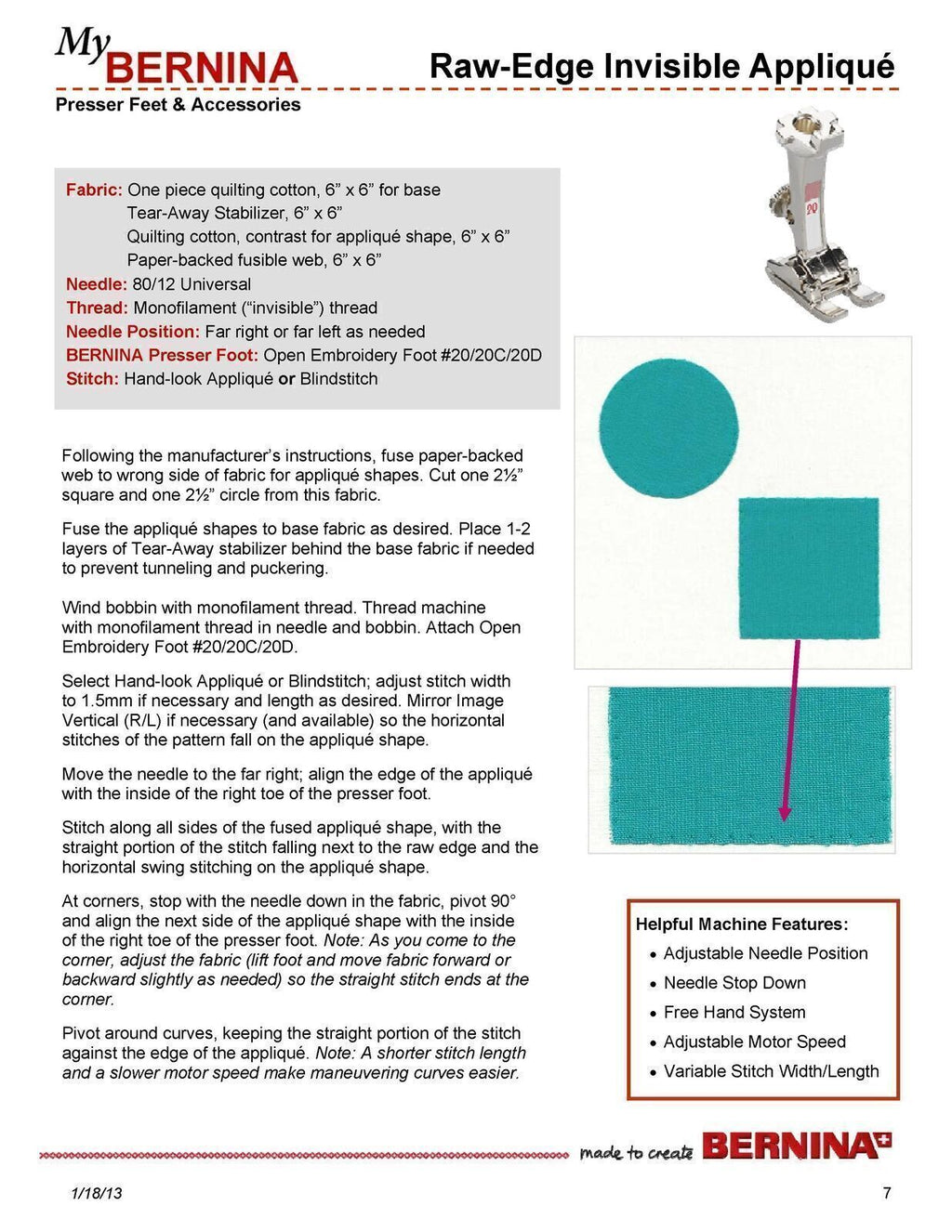 BERNINA Presser Feet & Accessories WORKBOOK The Key to Great Technique Manual