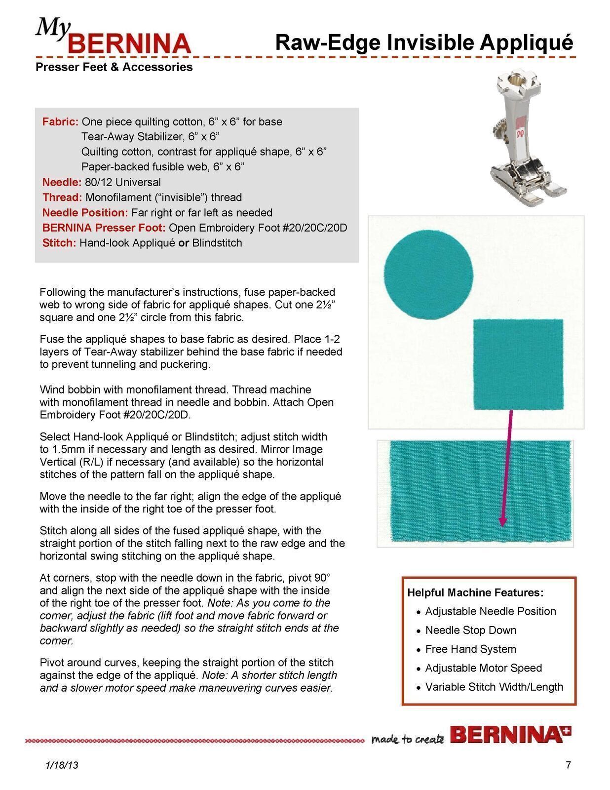 BERNINA Presser Feet & Accessories WORKBOOK The Key to Great Technique Manual