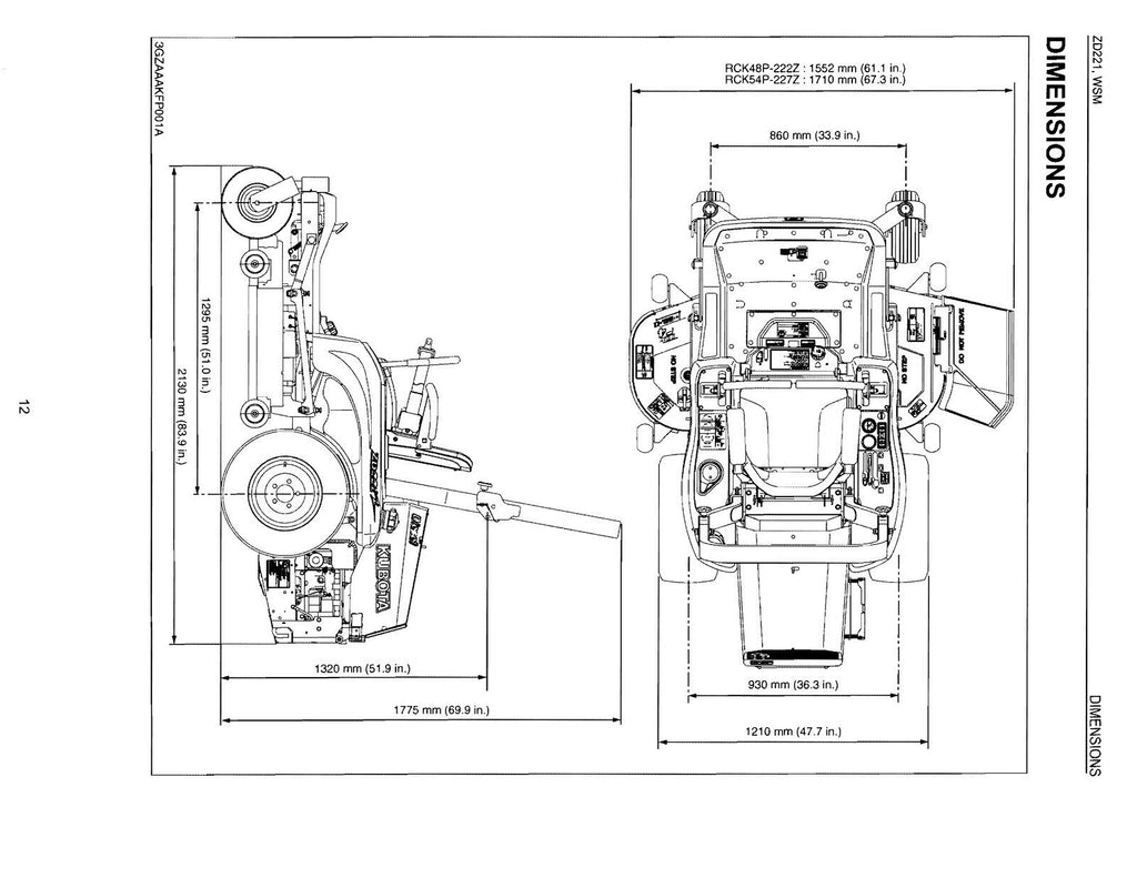 KUBOTA ZD221 ZERO TURN MOWER WORKSHOP MANUAL WSM - WIRE BOUND, PROTECTIVE COVERS