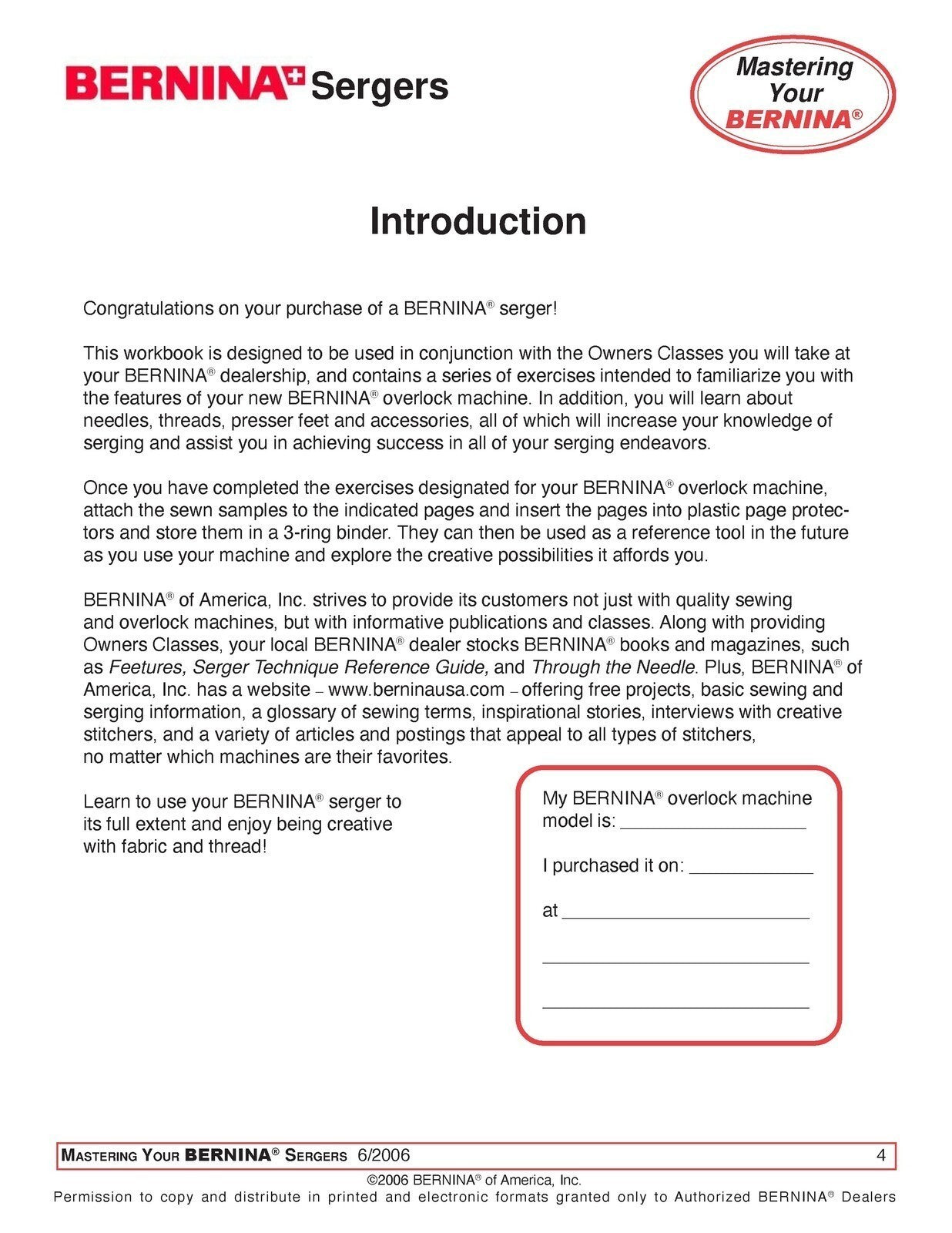 BERNINA MASTERING Your Bernina Serger Owners Workbook - STEEL WIRE BOUND, COVERS